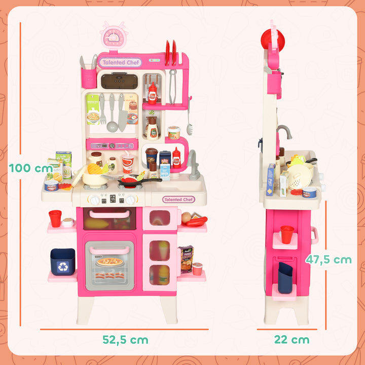 Cozinha de Brincar com Luz e Som Cozinha para Crianças com Acessórios Panelas Utensilios e Alimentos Falsos Brinquedo para Crianças a partir de 3 Anos 52,5x22x100 cm Rosa