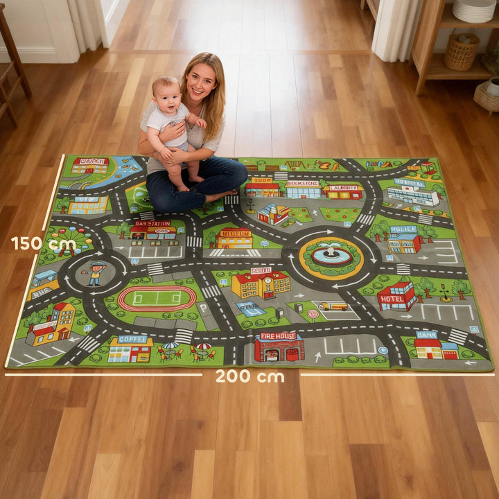 Tapete Infantil Estrada de Cidade 200x150 cm Tapete Educativo Antiderrapante para Bebés para Sala e Quarto Textura Suave Multicor