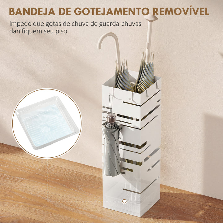 Suporte para Guarda Chuva Metálico com 4 Ganchos e Bandeja de Recolha de Gotas Removível Porta Guarda Chuva Branco para Entrada Escritório 15,5x15,5x49 cm Branco