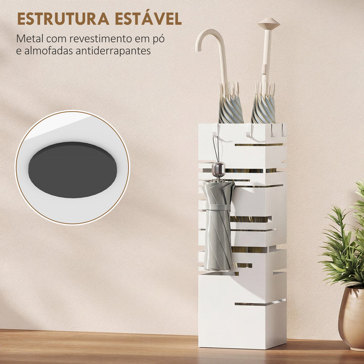 Suporte para Guarda Chuva Metálico com 4 Ganchos e Bandeja de Recolha de Gotas Removível Porta Guarda Chuva Branco para Entrada Escritório 15,5x15,5x49 cm Branco