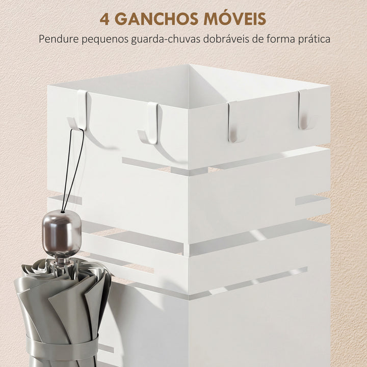 Suporte para Guarda Chuva Metálico com 4 Ganchos e Bandeja de Recolha de Gotas Removível Porta Guarda Chuva Branco para Entrada Escritório 15,5x15,5x49 cm Branco