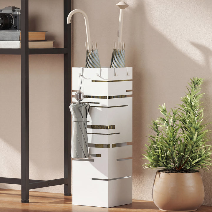Suporte para Guarda Chuva Metálico com 4 Ganchos e Bandeja de Recolha de Gotas Removível Porta Guarda Chuva Branco para Entrada Escritório 15,5x15,5x49 cm Branco