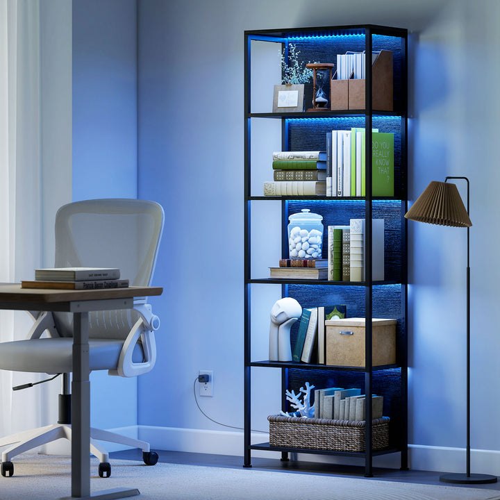Estante de 5 Níveis com Luzes LED de 7 Cores Estante para Livros 60x30x179 cm Estante Industrial com Estrutura de Aço para Sala Quarto Escritório Preto