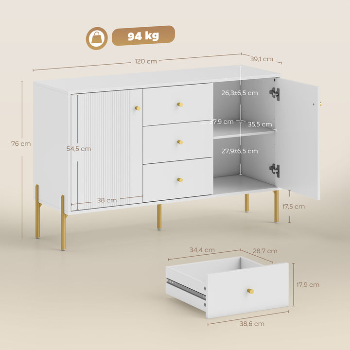 Aparador Moderno de 2 Portas Aparador de Sala de Estar com 3 Gavetas Prateleiras Ajustáveis Bancada com Efeito Mármore Pés em Aço para Cozinha Entrada Quarto 120x39,1x76 cm Branco