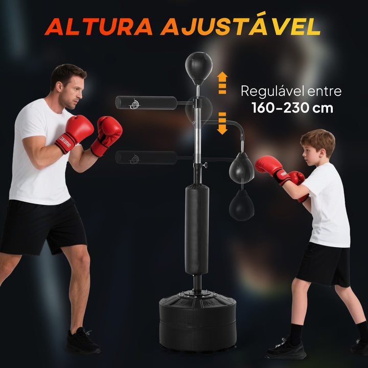 Saco de Boxe de Pé com Altura Ajustável com 2 Bolas de Velocidade Barra Giratória 360° e Base Preenchida com Água ou Areia Punching Ball para Adultos 88x50x160-230cm Preto