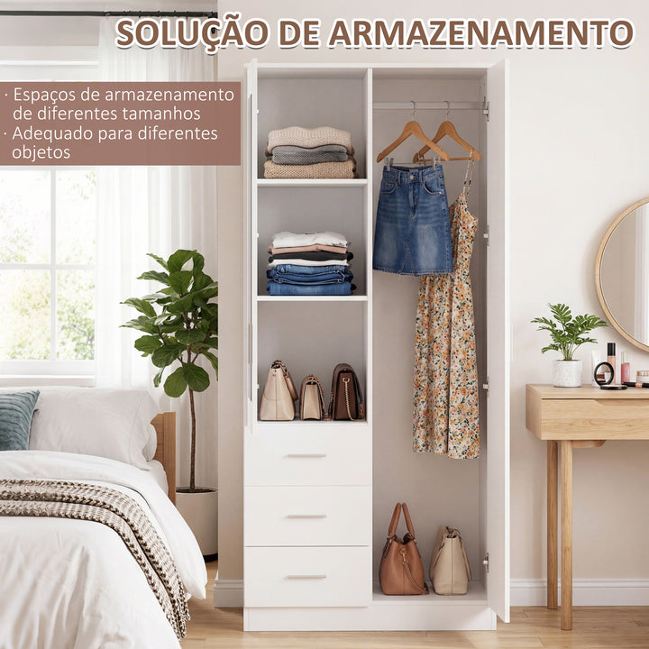 Armário Roupeiro de 2 Portas com Espelho 3 Gavetas Prateleiras Ajustáveis e Barra para Pendurar Incluida Roupeiro para Dormitório 80x50x180cm Branco