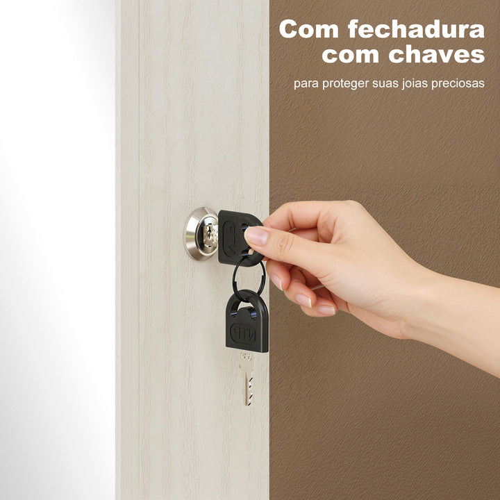 Espelho de Joias com Luz LED, Armário Montado na Parede ou Porta com Fechadura e Corpo Inteiro, Branco