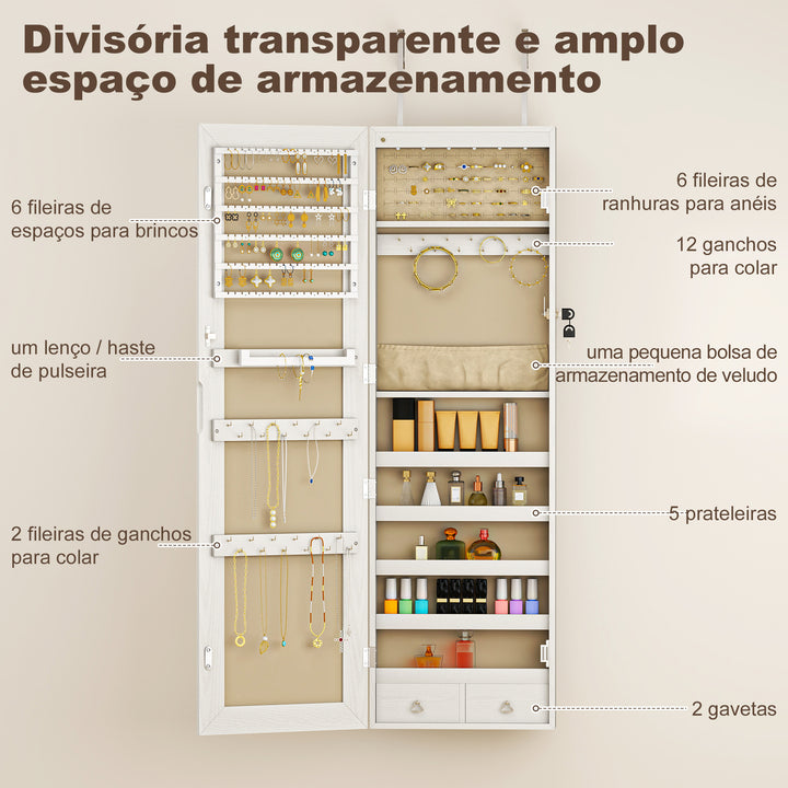 Espelho de Joias com Luz LED, Armário Montado na Parede ou Porta com Fechadura e Corpo Inteiro, Branco