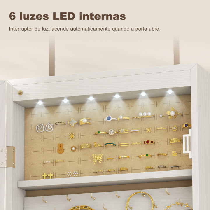 Espelho de Joias com Luz LED, Armário Montado na Parede ou Porta com Fechadura e Corpo Inteiro, Branco