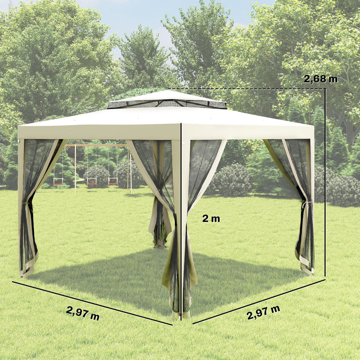 Pérgola de Jardim 297x297cm Pérgola com 4 Mosquiteiras Teto Duplo 8 Orifícios de Drenagem e Estrutura de Metal para Pátio Exterior Creme