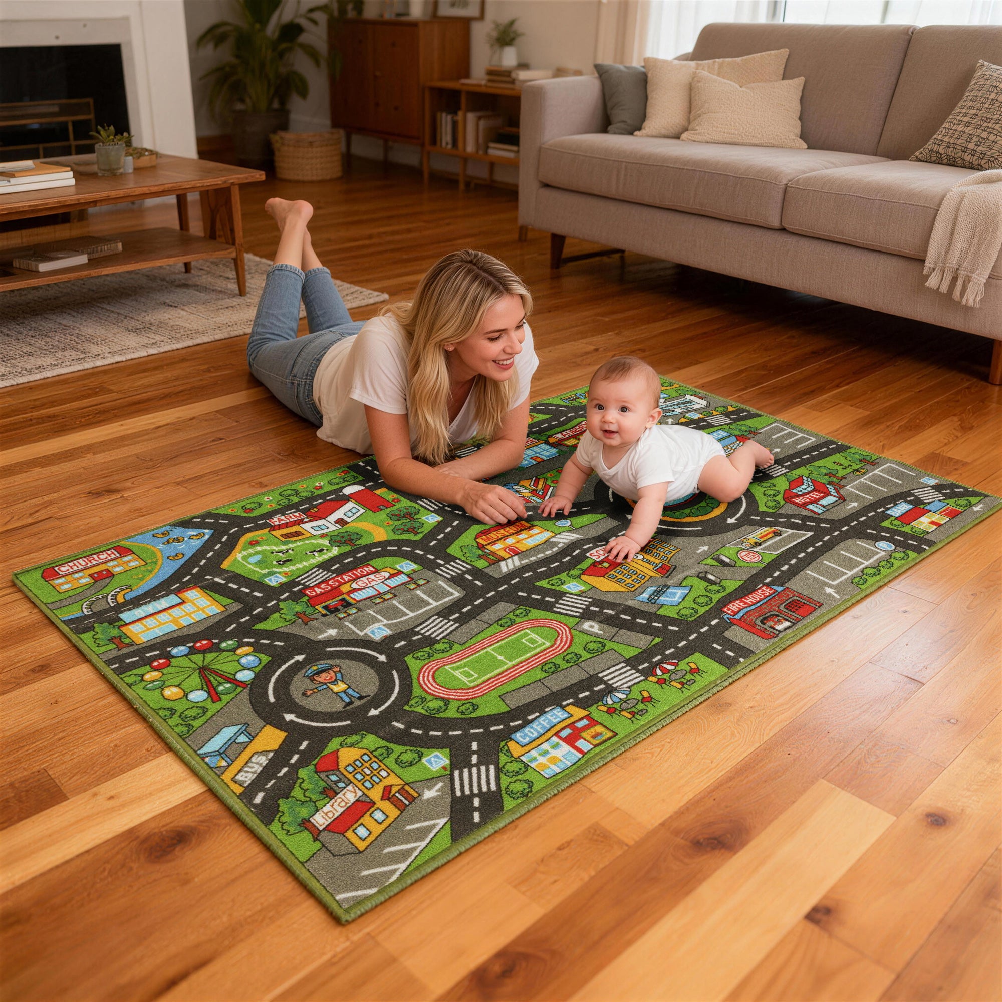 Tapete Infantil Estrada de Cidade 160x100 cm Tapete Educativo Antiderrapante para Engatinhar e Brincar com Carros para Sala e Quarto Textura Suave Multicor