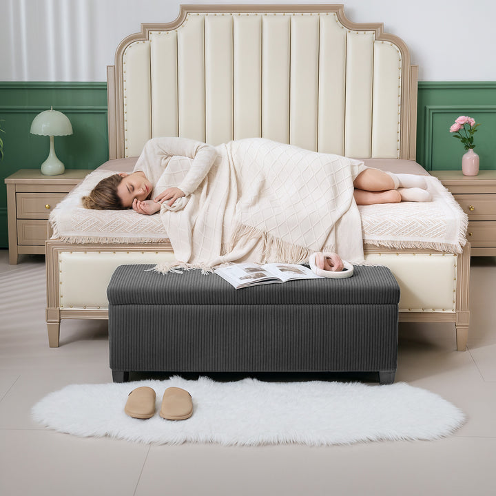 Banco de Arrumação Banco com Armazenamento Capacidade de 84 L 112x42x40 cm Estofado em Veludo Banco Pé de Cama para Dormitório Cinzento
