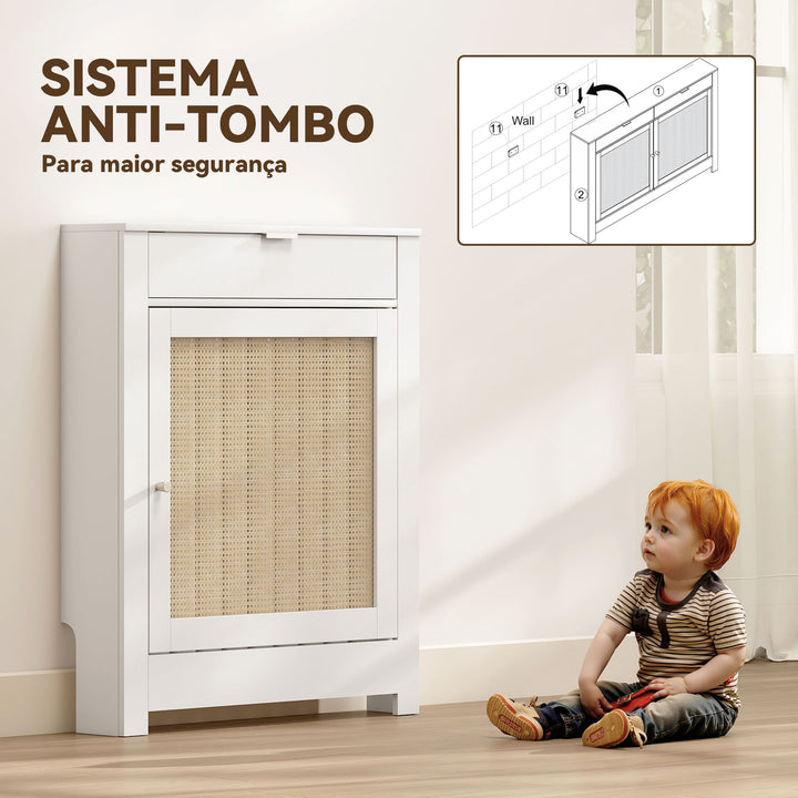 Cobertura para Radiador com Porta Rebatível e Vime Proteção Radiador de MDF 78x19x95,5 cm com Compartimento Desenho Boémio para Sala Quarto Branco