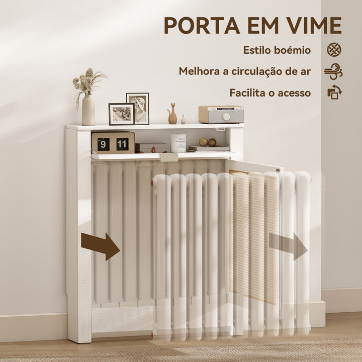 Cobertura para Radiador com Porta Rebatível e Vime Proteção Radiador de MDF 78x19x95,5 cm com Compartimento Desenho Boémio para Sala Quarto Branco