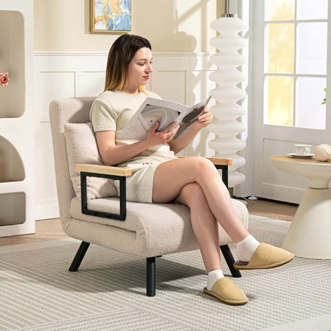 Poltrona Convertível em Cama Dobrável Poltrona 3 em 1 Convertível em Cama com Encosto Ajustável em 5 Níveis e Almofada Acolchoada para Escritório Sala de Estar Carga 120 kg 63x73x81 cm Bege