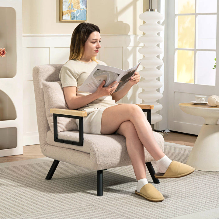 Poltrona Convertível em Cama Dobrável Poltrona 3 em 1 Convertível em Cama com Encosto Ajustável em 5 Níveis e Almofada Acolchoada para Escritório Sala de Estar Carga 120 kg 63x73x81 cm Bege