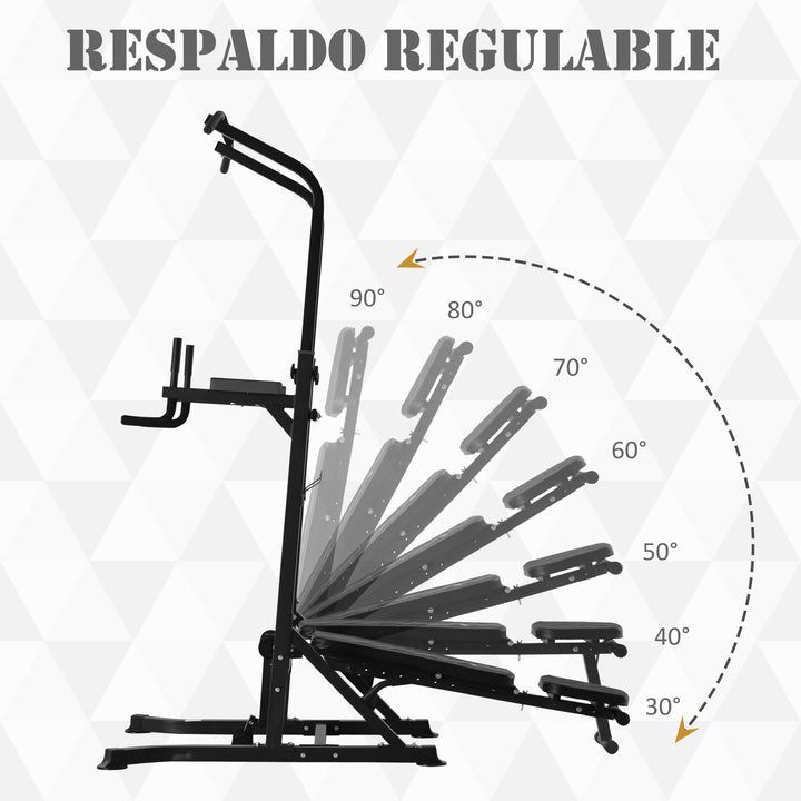Estação de Musculação Torre de Treinamento Altura Ajustável com Barra de Flexões e Banco Dobrável para Fitness em Casa Academia Carga 150kg 99x178x230cm Preto