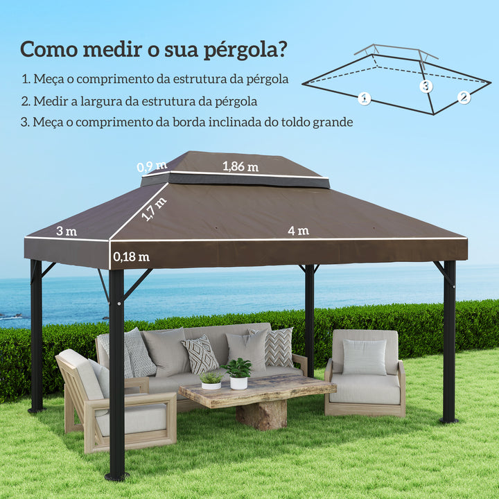 Toldo de Substituição para Pérgola 4x3 m Toldo para Pérgola com Teto Duplo Mosqueteira Proteção UV 30+ Toldo de Substituição para Pérgula Café
