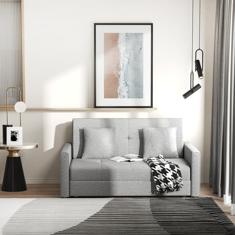 Sofá Cama de 2 Lugares Estofado em Algodão com 2 Almofadas Apoio para os Braços e Armazenamento Sofá Duplo Moderno para Sala de Estar Escritório 152x101x81cm Cinza