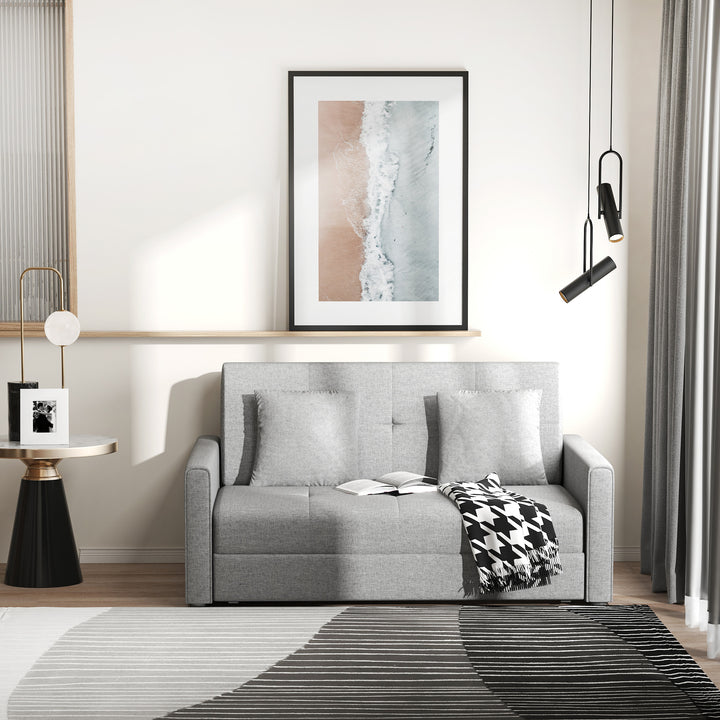Sofá Cama de 2 Lugares Estofado em Algodão com 2 Almofadas Apoio para os Braços e Armazenamento Sofá Duplo Moderno para Sala de Estar Escritório 152x101x81cm Cinza
