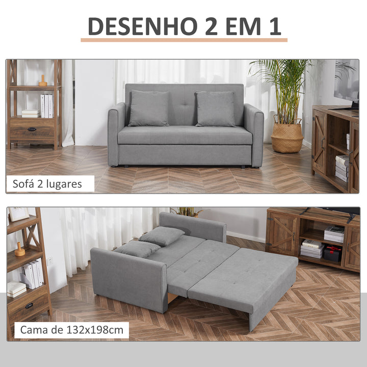 Sofá Cama de 2 Lugares Estofado em Algodão com 2 Almofadas Apoio para os Braços e Armazenamento Sofá Duplo Moderno para Sala de Estar Escritório 152x101x81cm Cinza