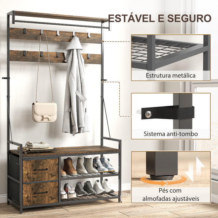 Móvel Cabide de Entrada 6 em 1 com Banco Móvel de Entrada com 10 Ganchos Ajustáveis 2 Gavetas Barra para Pendurar Estilo Industrial para Corredor 100x40x180 cm Castanho Rústico