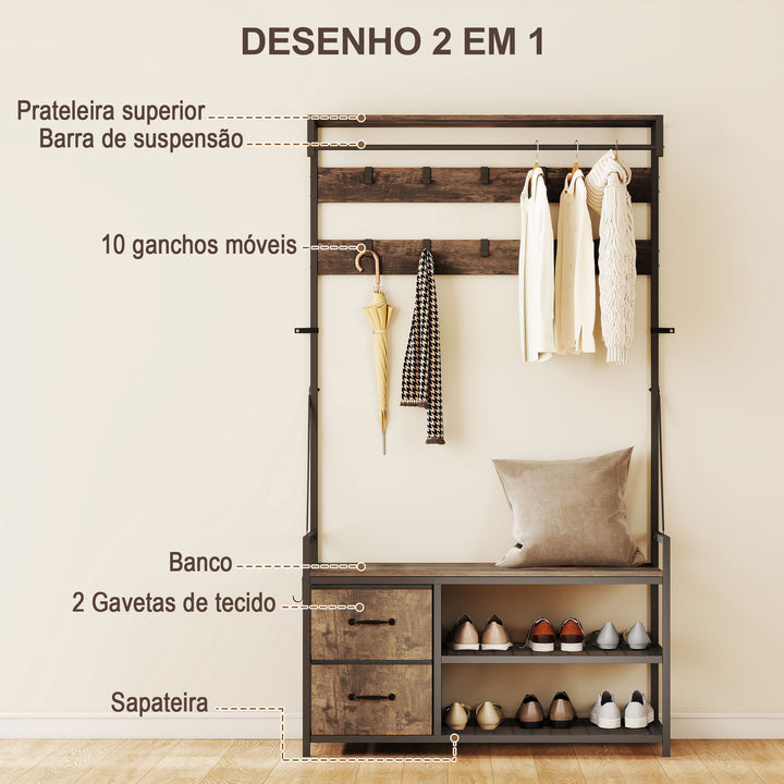 Móvel Cabide de Entrada 6 em 1 com Banco Móvel de Entrada com 10 Ganchos Ajustáveis 2 Gavetas Barra para Pendurar Estilo Industrial para Corredor 100x40x180 cm Castanho Rústico
