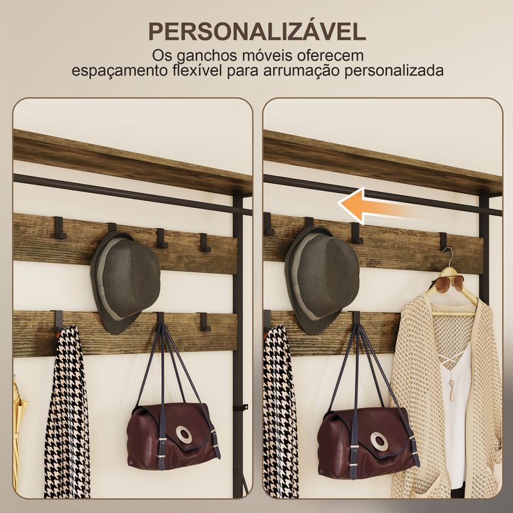 Móvel Cabide de Entrada 6 em 1 com Banco Móvel de Entrada com 10 Ganchos Ajustáveis 2 Gavetas Barra para Pendurar Estilo Industrial para Corredor 100x40x180 cm Castanho Rústico