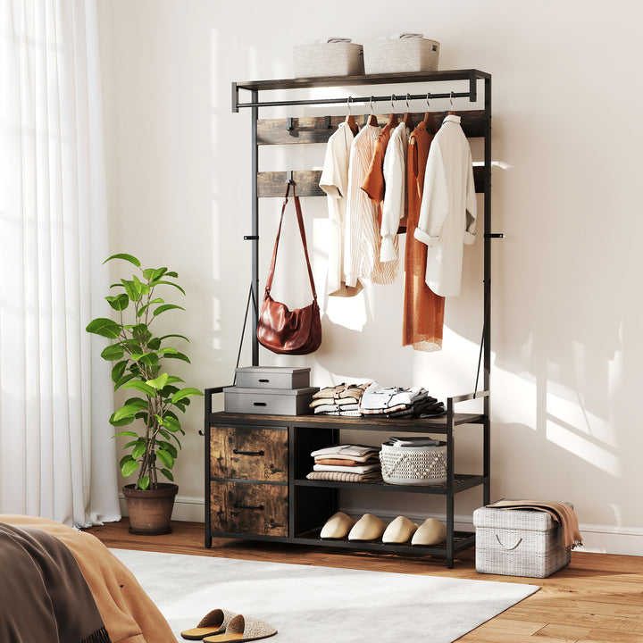 Móvel Cabide de Entrada 6 em 1 com Banco Móvel de Entrada com 10 Ganchos Ajustáveis 2 Gavetas Barra para Pendurar Estilo Industrial para Corredor 100x40x180 cm Castanho Rústico