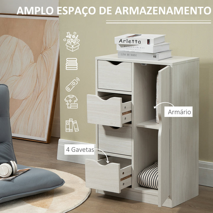 Armário de Sala de Estar Aparador Auxiliar com 4 Gavetas 1 Armário e Prateleira Inferior Móvel de Armazenamento Múltiuso para Dormitórios Sala de Jantar 54x29x83cm Branco