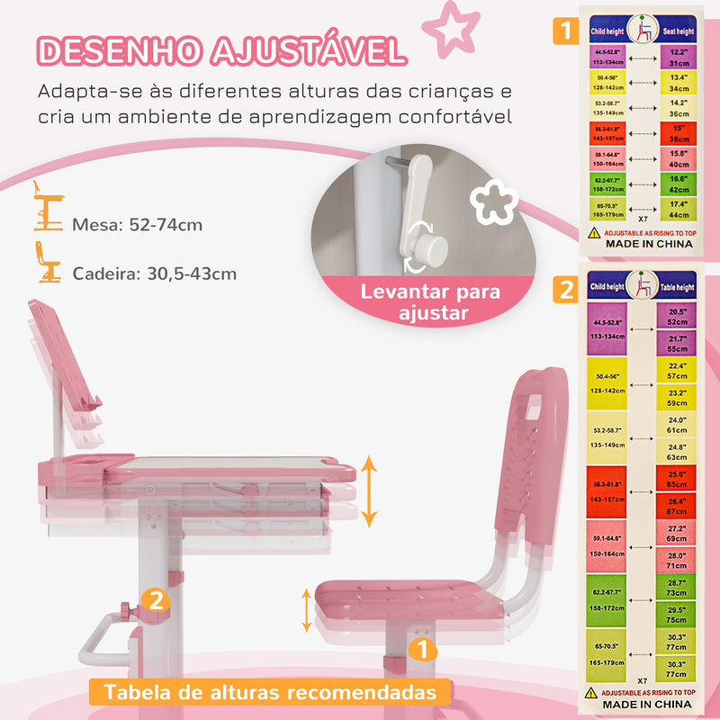 Conjunto de Secretária e Cadeira para Crianças de 6-12 Anos Secretária para Crianças com Altura Ajustável com 1 Gaveta Prateleira para Livros e Ângulo da Mesa Ajustável 80x49,5x82-104 cm Rosa