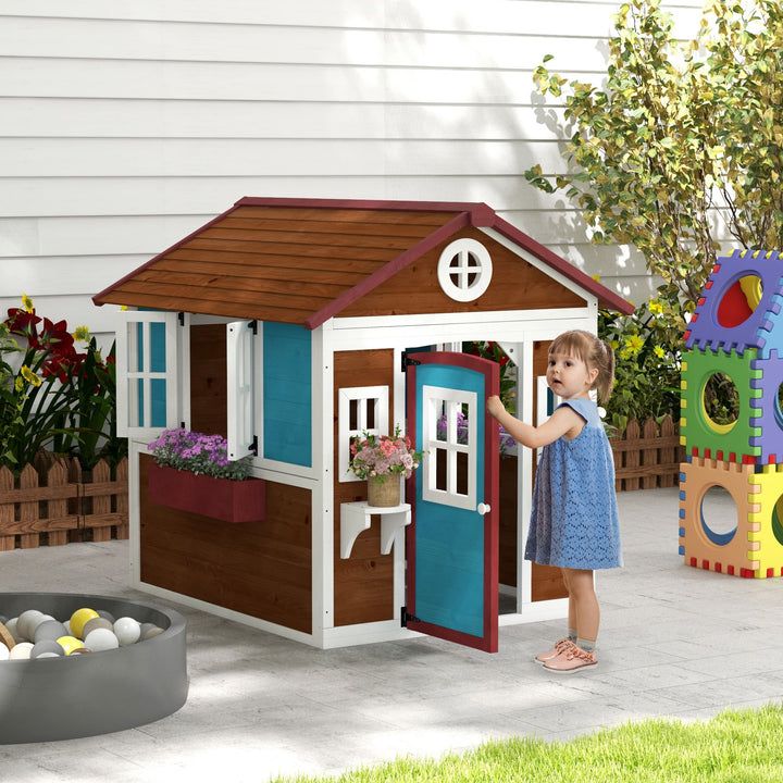 Casa de Jardim Infantil Casa de Madeira para Crianças com Porta Janelas Floreiras e Prateleiras 114x126,4x135 cm Castanho Escuro