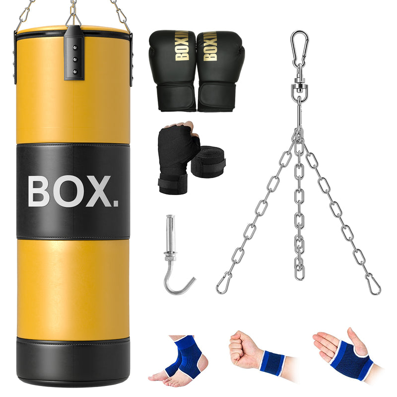 Saco de Boxe sem Recheio Saco de Boxe para Adultos com Luvas de Boxe Gancho e Protetores para Palmas Munhecas Tornozelos para Treino MMA Muay Thai Amarelo