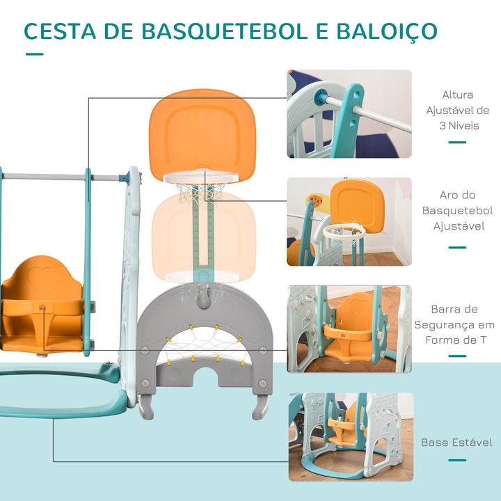 5 em 1 Escorrega e Baloiço para Crianças acima de 18 meses com 2 Cestas de Basquetebol Porteria de Futbol com Assento Ajustável Parque Infantil Interior e Exterior 210x186x133cm Multicor