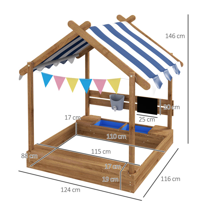 Caixa de Areia para Crianças de Madeira Caixa de Areia Infantil com Toldo 6 Bandeirinhas Torneira e Ardósia em Forma de Casa para Pátio Jardim 124x116x146 cm Castanho