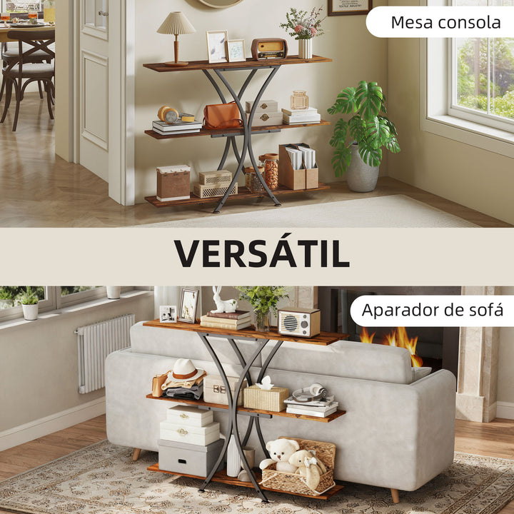 Mesa Consola de 3 Níveis Estilo Industrial com 2 Prateleiras Abertas e Estrutura Metálica em X para Entrada Consola Estreita para Sala de Estar Corredor 110x30x91 cm Castanho Rústico