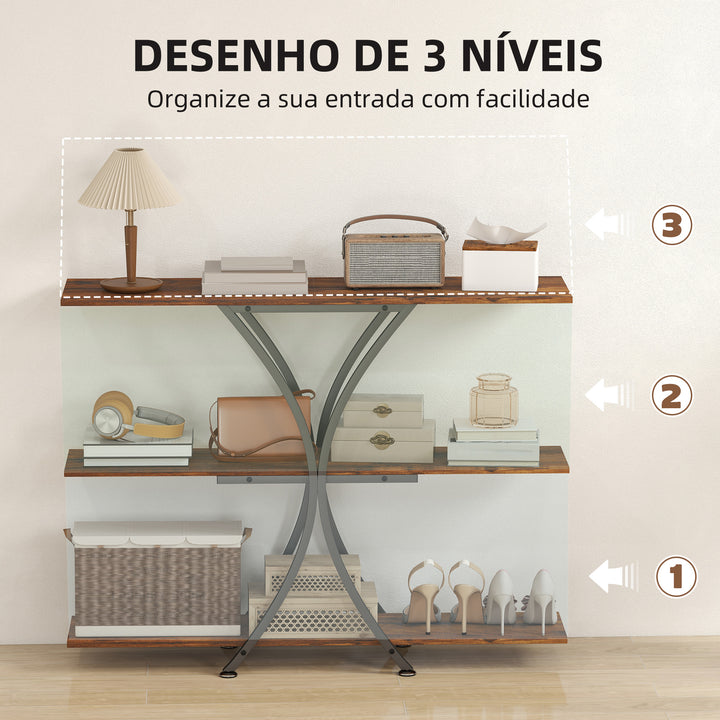 Mesa Consola de 3 Níveis Estilo Industrial com 2 Prateleiras Abertas e Estrutura Metálica em X para Entrada Consola Estreita para Sala de Estar Corredor 110x30x91 cm Castanho Rústico