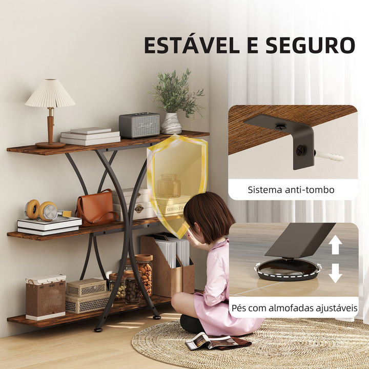 Mesa Consola de 3 Níveis Estilo Industrial com 2 Prateleiras Abertas e Estrutura Metálica em X para Entrada Consola Estreita para Sala de Estar Corredor 110x30x91 cm Castanho Rústico