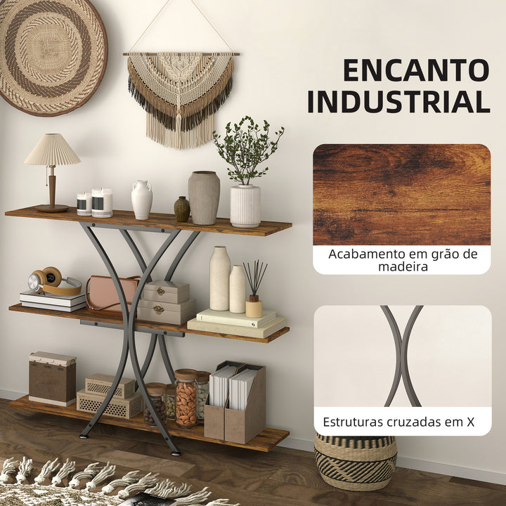 Mesa Consola de 3 Níveis Estilo Industrial com 2 Prateleiras Abertas e Estrutura Metálica em X para Entrada Consola Estreita para Sala de Estar Corredor 110x30x91 cm Castanho Rústico