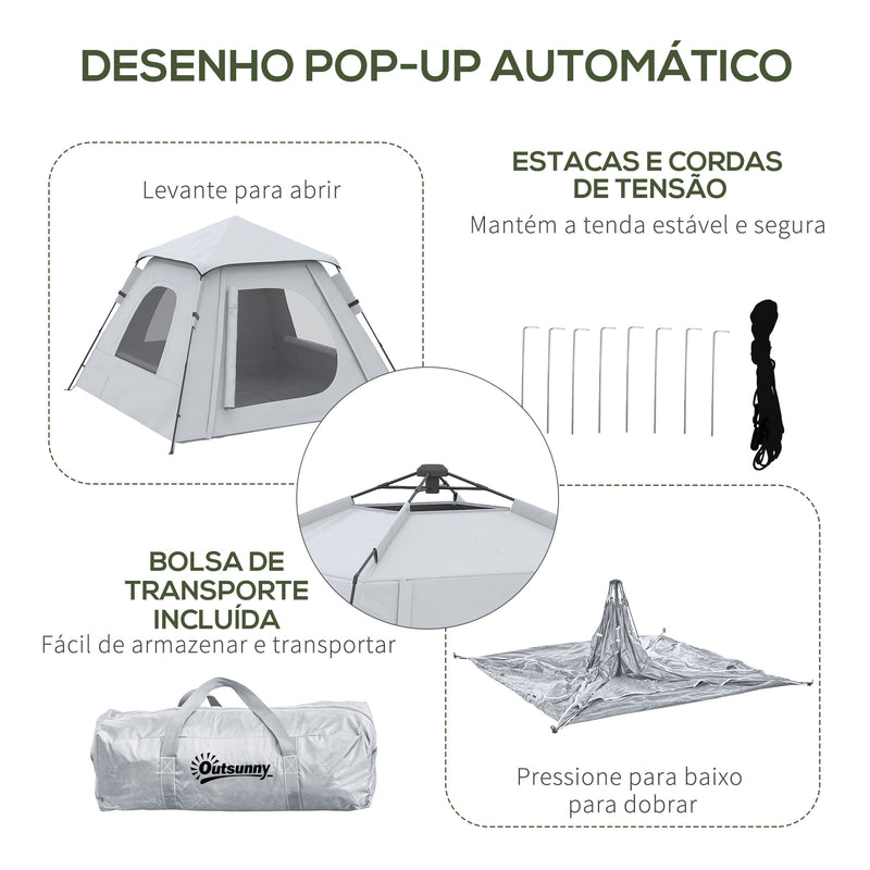 Tenda de Campismo para 2-3 Pessoas Tenda de Campismo Impermeável PU2000 mm Proteção UV50+ com Bolsa de Transporte 210x210x150 cm Prata