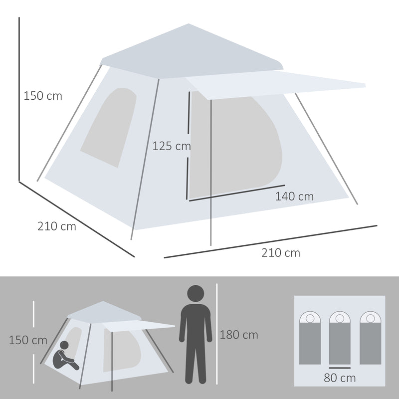 Tenda de Campismo para 2-3 Pessoas Tenda de Campismo Impermeável PU2000 mm Proteção UV50+ com Bolsa de Transporte 210x210x150 cm Prata