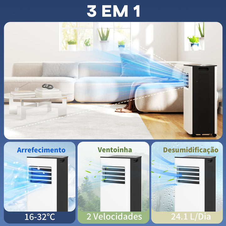 Ar Condicionado Portátil 3 em 1 9000 BTU Arrefecedor Ventoinha Desumidificador 24,1 L/Dia com Controlo Remoto e Ecrã LED Temporizador 24h 2 Velocidades para Quarto 25m² Branco