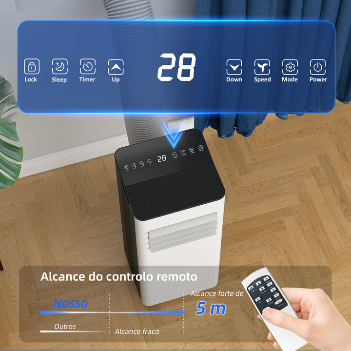 Ar Condicionado Portátil 3 em 1 9000 BTU Arrefecedor Ventoinha Desumidificador 24,1 L/Dia com Controlo Remoto e Ecrã LED Temporizador 24h 2 Velocidades para Quarto 25m² Branco