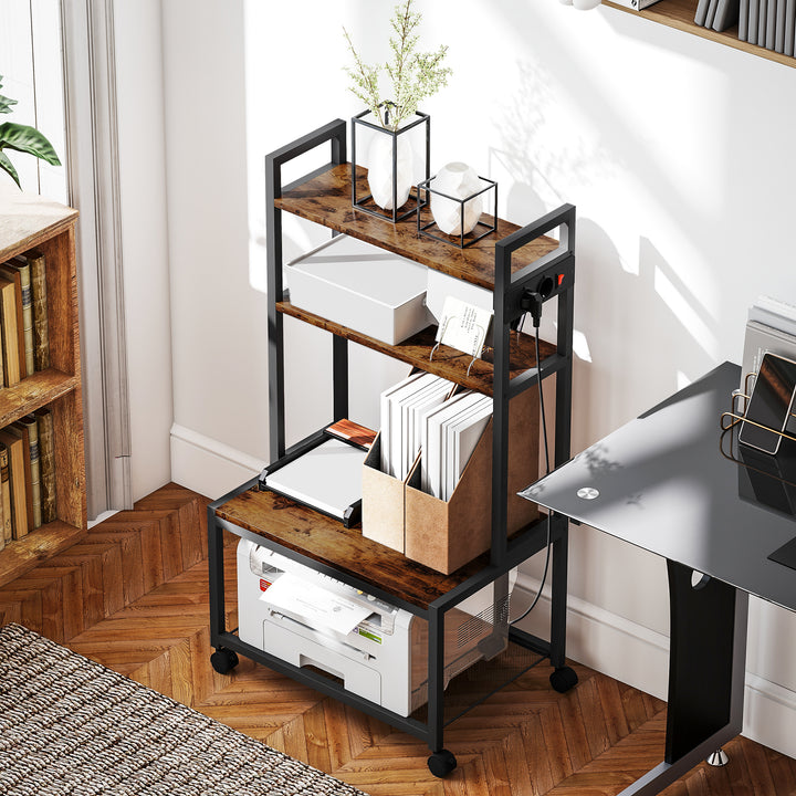Suporte para Impressora com Estação de Carregamento Móvel para Impressora de 4 Níveis com Rodas e Estrutura Metálica para Escritório Casa 55x37,5x100 cm Castanho Rústico