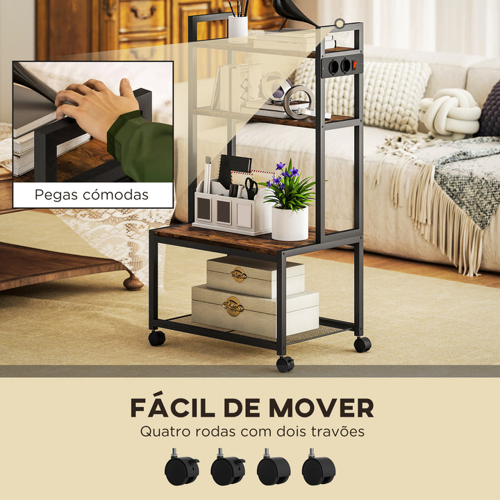 Suporte para Impressora com Estação de Carregamento Móvel para Impressora de 4 Níveis com Rodas e Estrutura Metálica para Escritório Casa 55x37,5x100 cm Castanho Rústico
