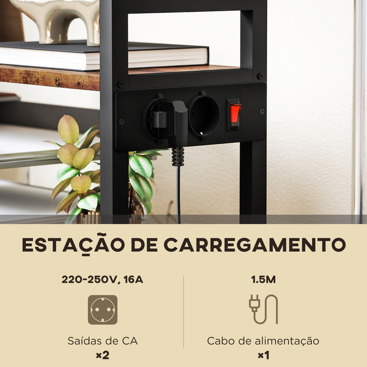 Suporte para Impressora com Estação de Carregamento Móvel para Impressora de 4 Níveis com Rodas e Estrutura Metálica para Escritório Casa 55x37,5x100 cm Castanho Rústico