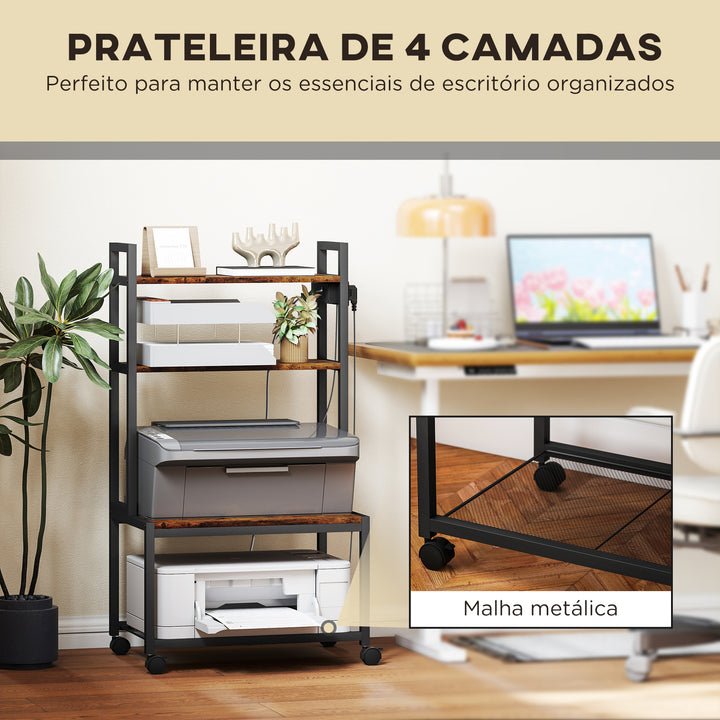 Suporte para Impressora com Estação de Carregamento Móvel para Impressora de 4 Níveis com Rodas e Estrutura Metálica para Escritório Casa 55x37,5x100 cm Castanho Rústico