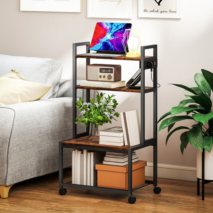 Suporte para Impressora com Estação de Carregamento Móvel para Impressora de 4 Níveis com Rodas e Estrutura Metálica para Escritório Casa 55x37,5x100 cm Castanho Rústico