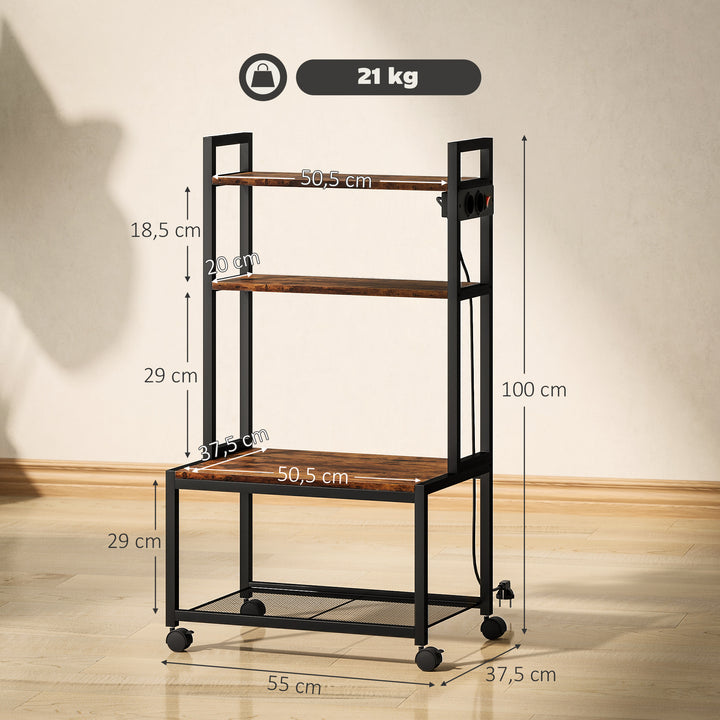 Suporte para Impressora com Estação de Carregamento Móvel para Impressora de 4 Níveis com Rodas e Estrutura Metálica para Escritório Casa 55x37,5x100 cm Castanho Rústico