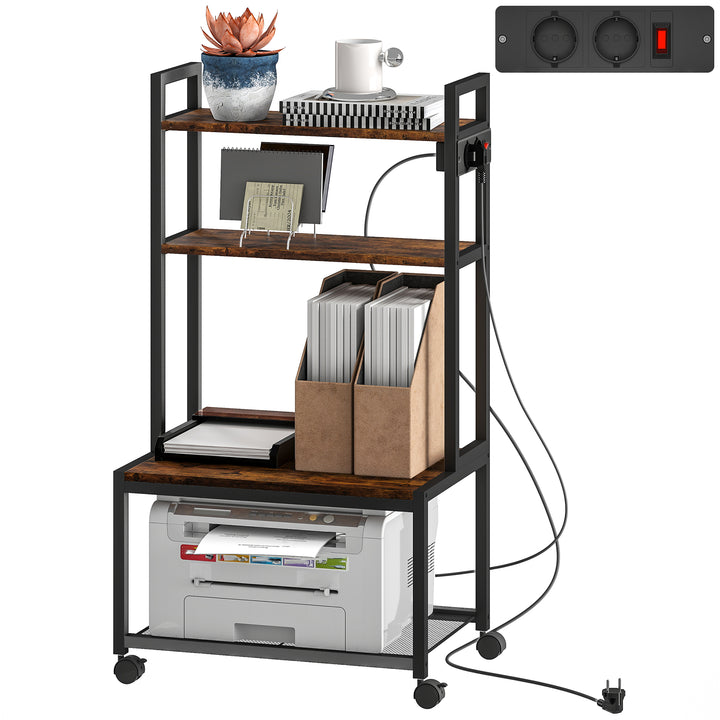 Suporte para Impressora com Estação de Carregamento Móvel para Impressora de 4 Níveis com Rodas e Estrutura Metálica para Escritório Casa 55x37,5x100 cm Castanho Rústico